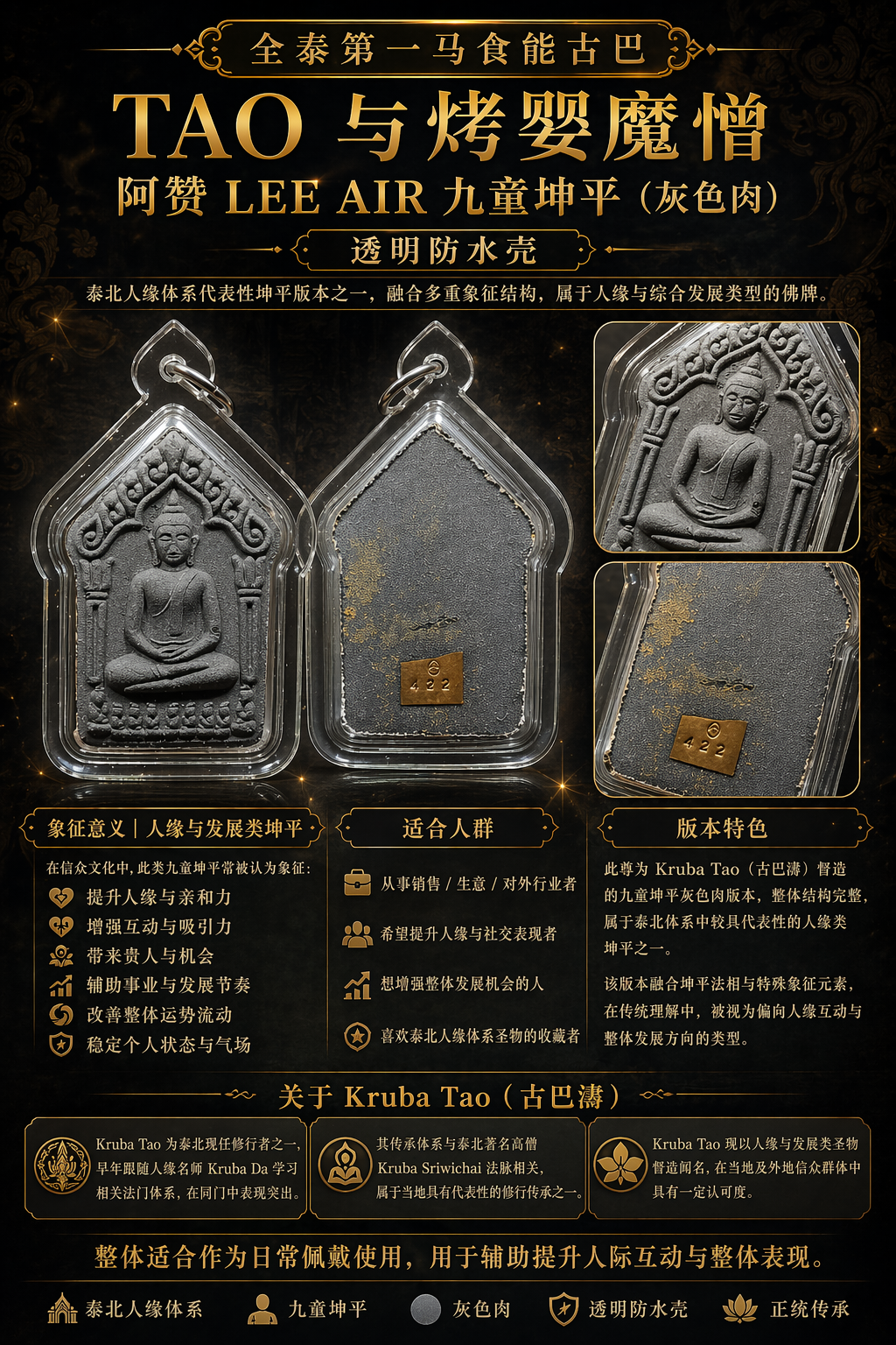 Jin Thai Fo Pai - 泰国佛牌 B.E.2562 九童坤平（灰肉版 · 含透明防水壳） Kruba Tao｜Wat Ubosot Ban Lao