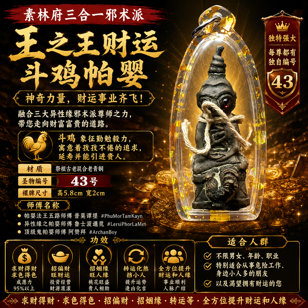 素林府三合一王之王财运斗鸡帕婴｜43号｜祭祖古老混合老青铜 | Jin Thai Fo Pai