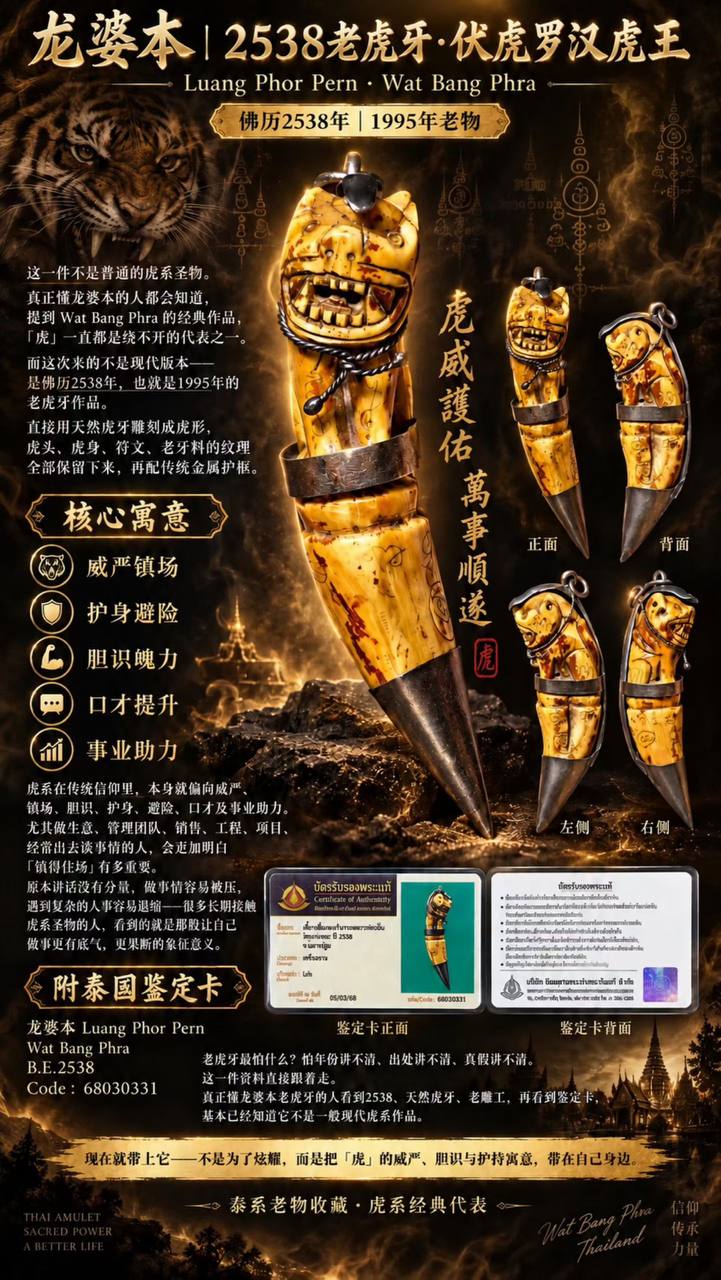 Jin Thai Fo Pai - 龙婆本｜B.E.2538 天然老虎牙・伏虎罗汉虎王｜泰国鉴定卡｜68030331｜现货实拍