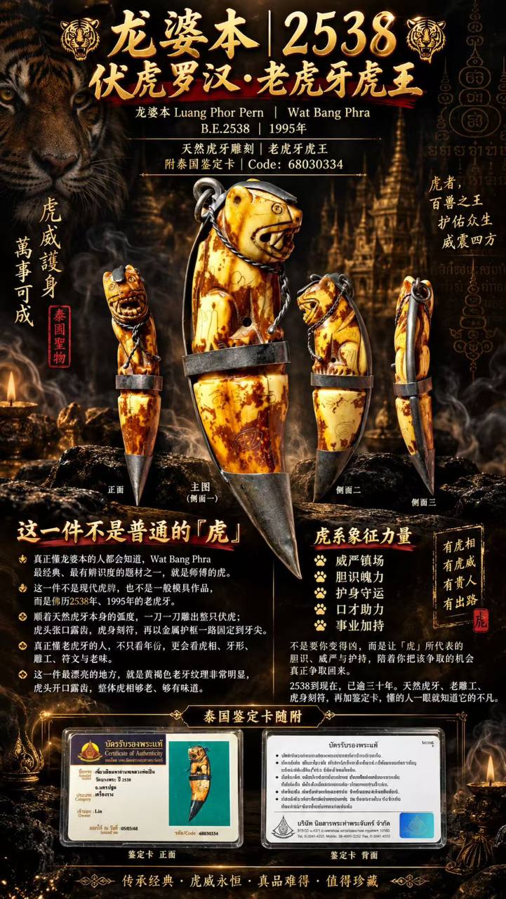 龙婆本｜B.E.2538 孤品天然老虎牙虎王｜手工雕刻・鉴定卡｜68030334｜现货实拍 | Jin Thai Fo Pai