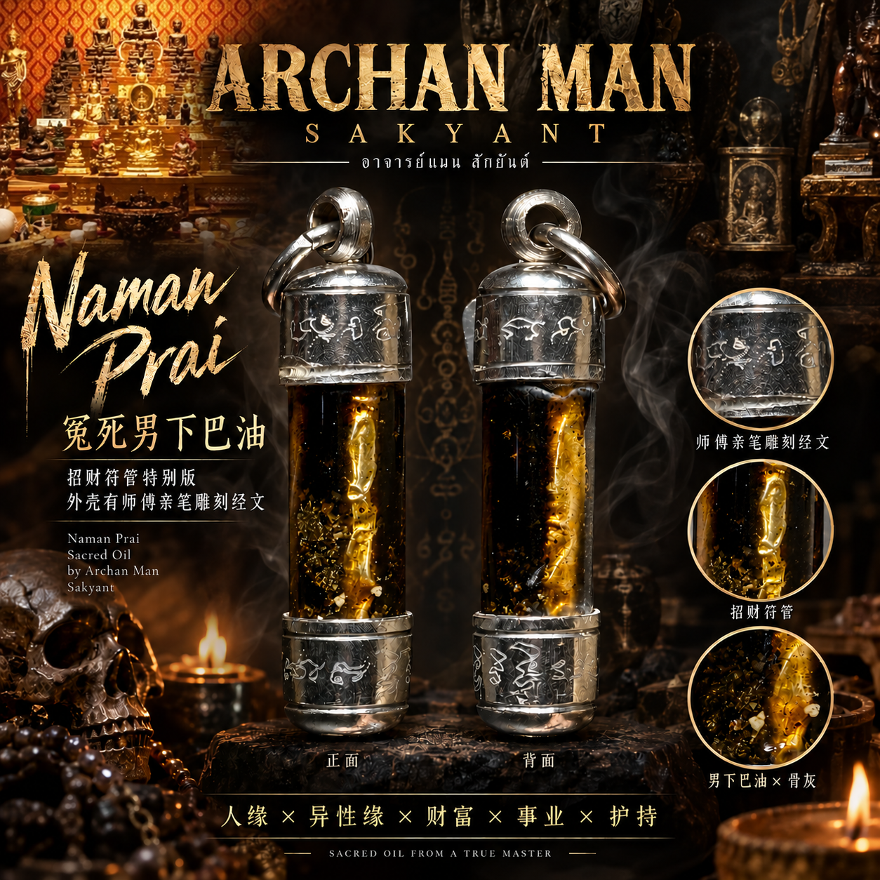 ARCHAN MAN SAKYANT｜Naman Prai 经典早期冤死男下巴油｜招财符管特别版｜外壳有师傅亲笔雕刻经文 | Jin Thai Fo Pai