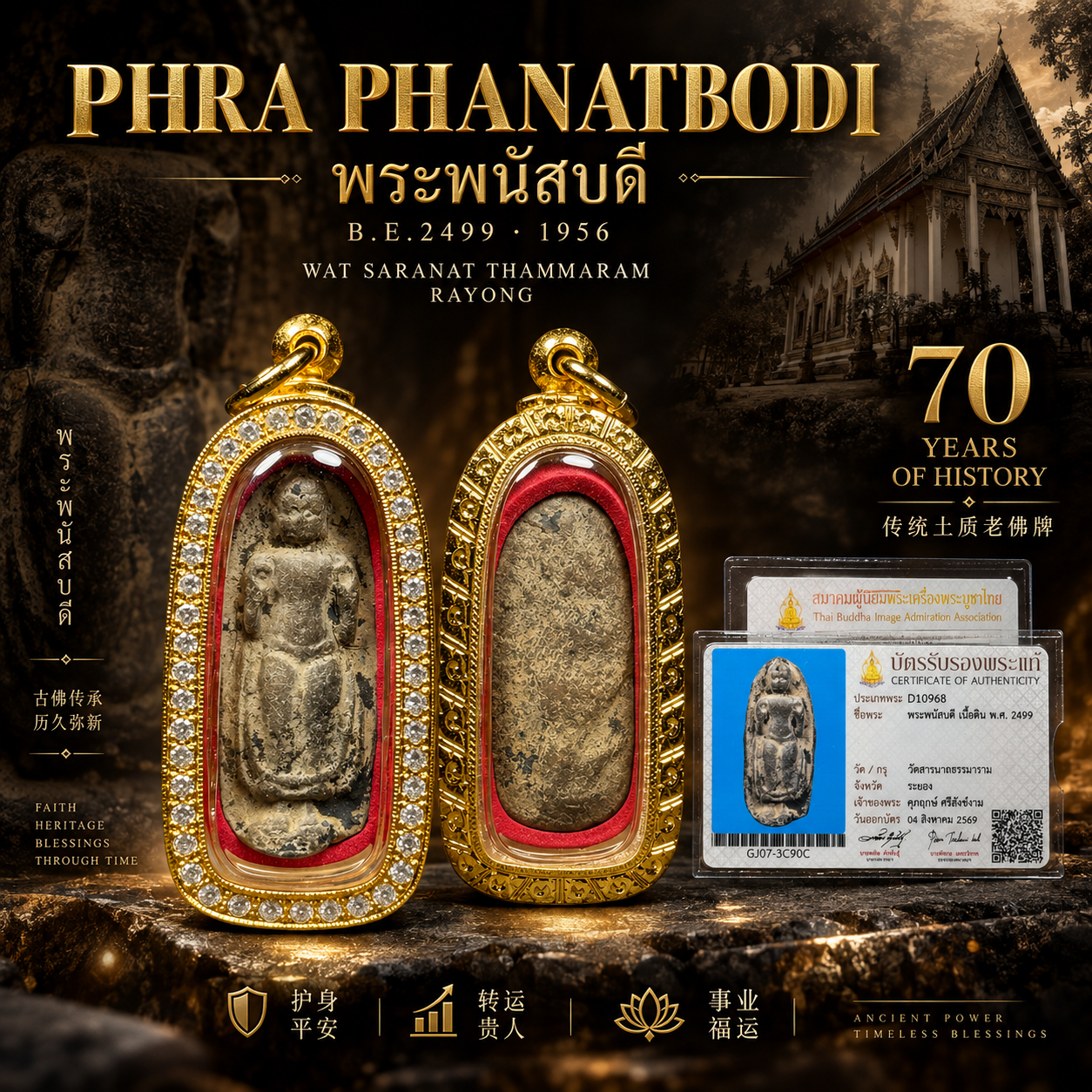 Jin Thai Fo Pai - PHRA PHANATBODI｜B.E.2499（1956）｜Wat Saranat Thammaram｜土质老佛牌｜附泰国鉴定卡