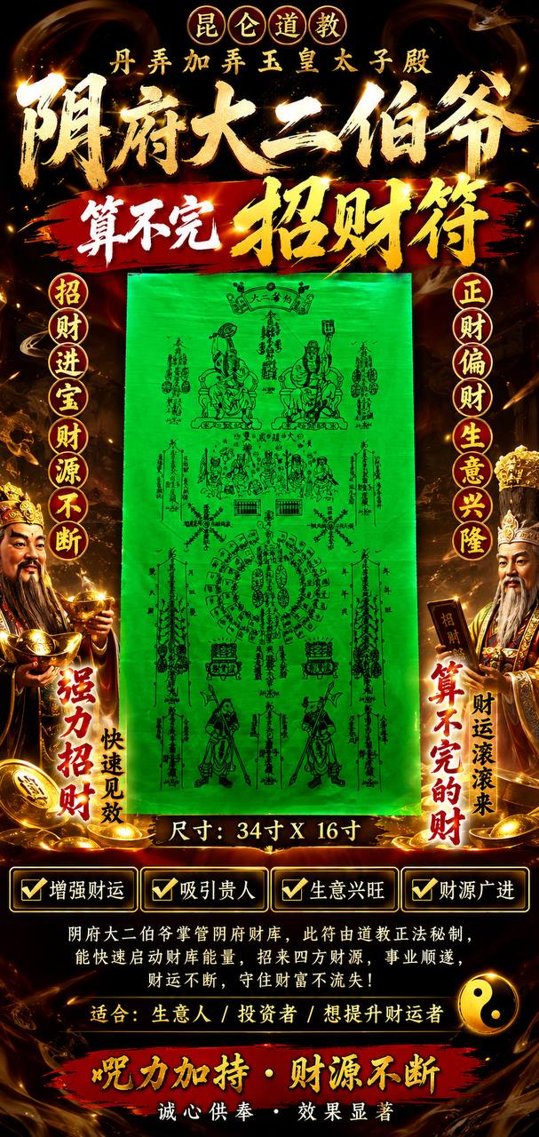 量身定制｜阴府大二伯爷｜算不完招财符 · 34寸巨幅手绘定制大符 | Jin Thai Fo Pai