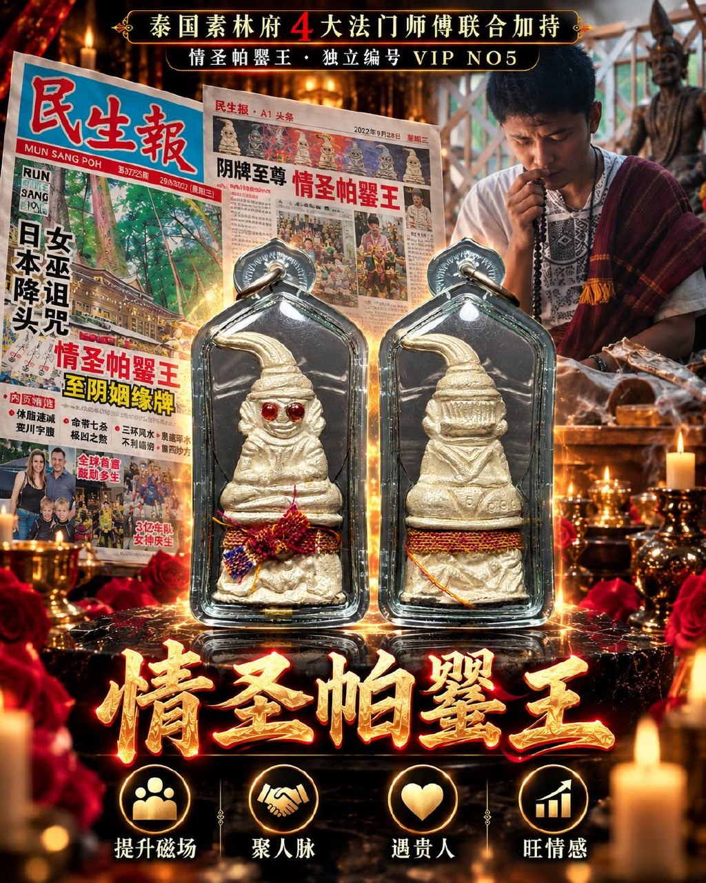 泰国素林府｜4IN1 情圣帕罂王｜四师联合加持｜纯银版本·底部纯金符管｜独立编号 VIP NO.5 | Jin Thai Fo Pai