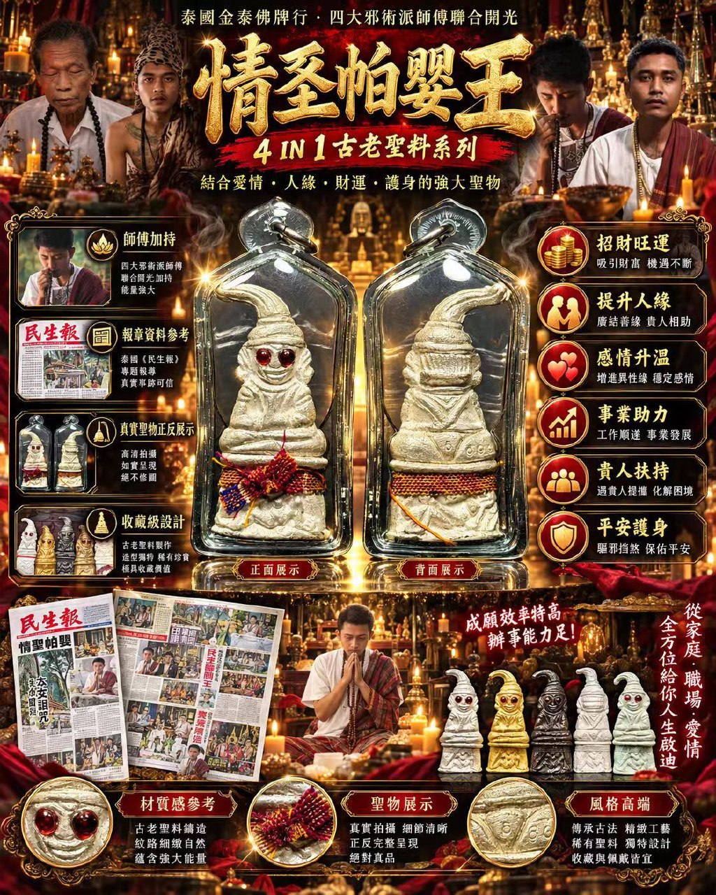 泰国素林府｜4IN1 情圣帕罂王｜四师联合加持｜纯银版本·底部纯金符管｜独立编号 VIP NO.5 | Jin Thai Fo Pai