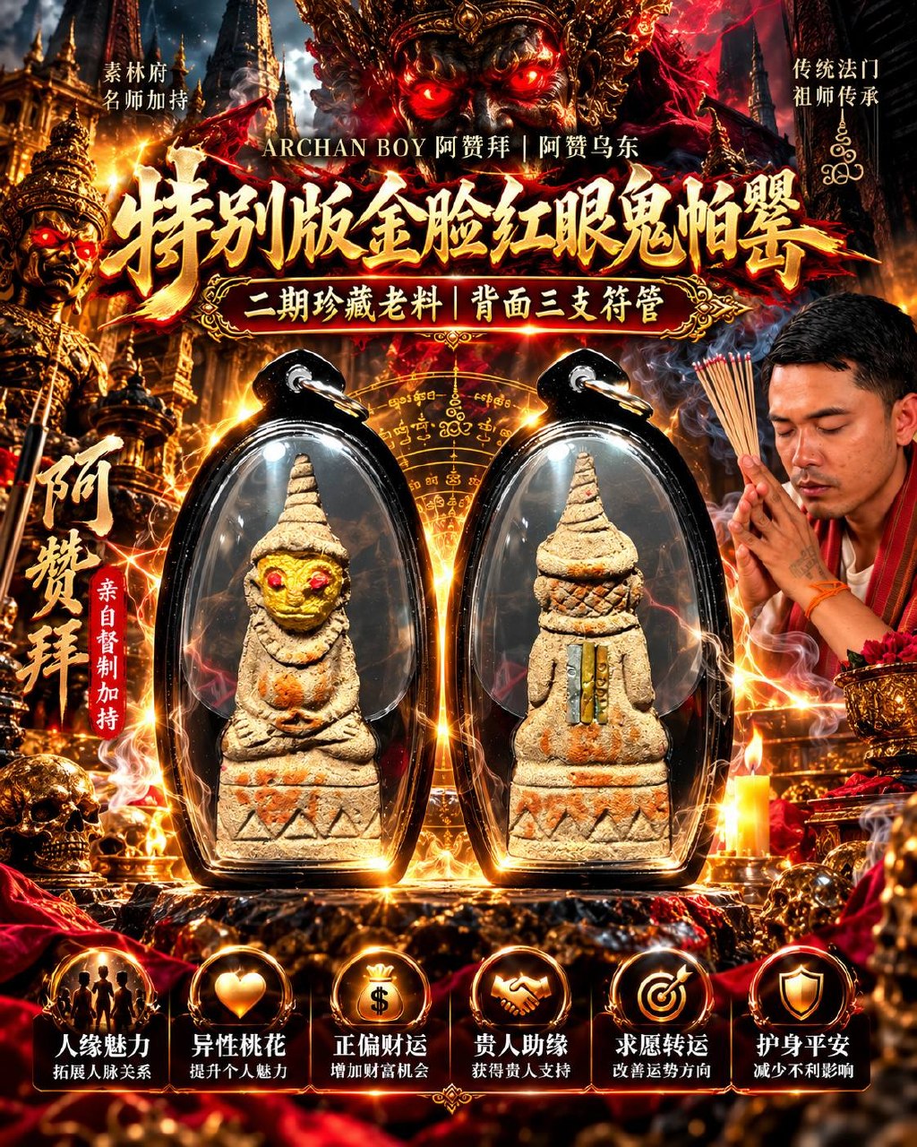 阿赞拜 ARCHAN BOY｜阿赞乌东｜特别版金脸红眼鬼帕罂｜二期珍藏老圣料·背面三支符管｜人缘桃花·招财贵人 | Jin Thai Fo Pai