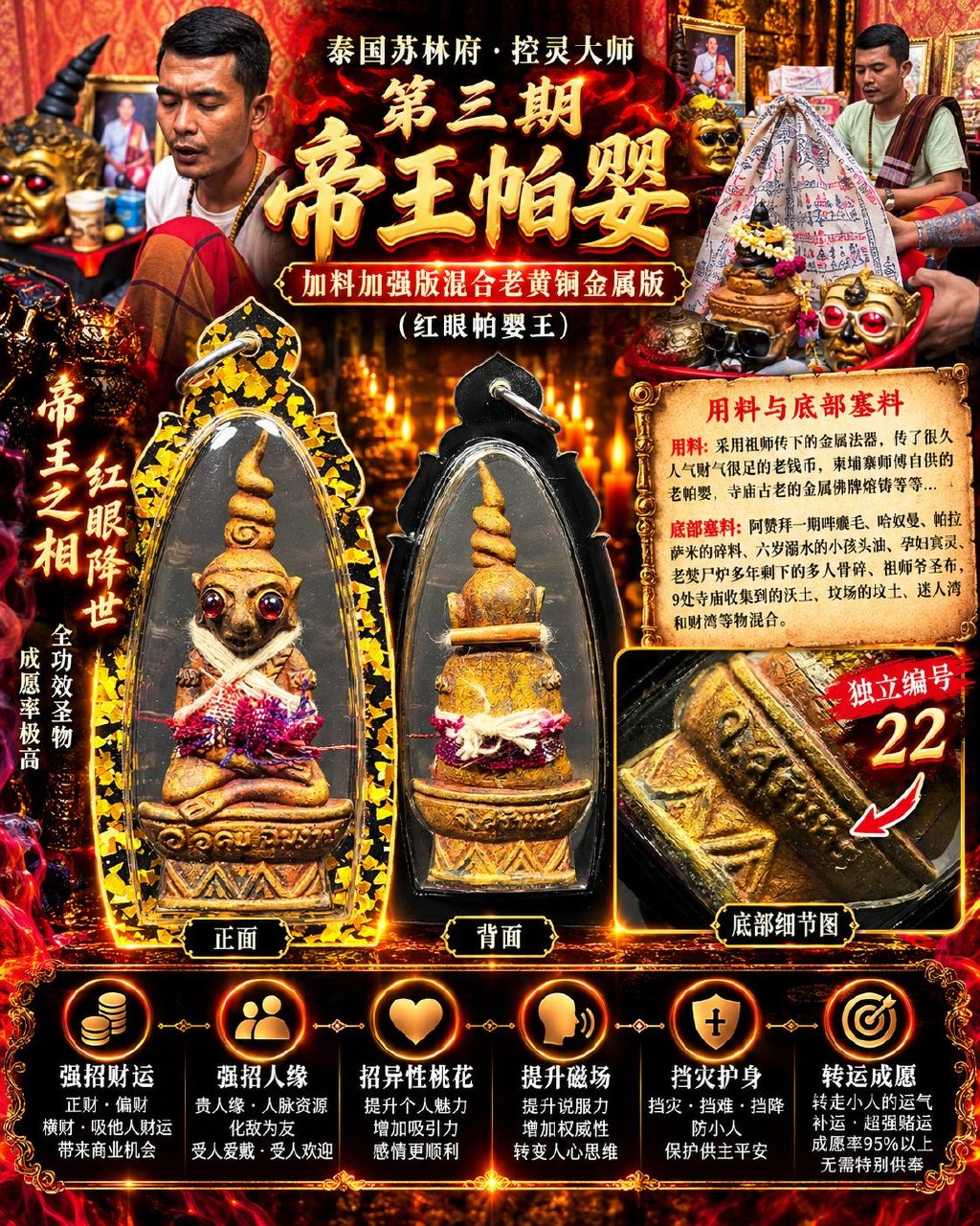 阿赞拜 ARCHAN BOY｜第三期帝王红眼帕罂王｜加料加强版·混合老黄铜·一期旧圣料·九寺沃土｜独立编号 NO.22 | Jin Thai Fo Pai