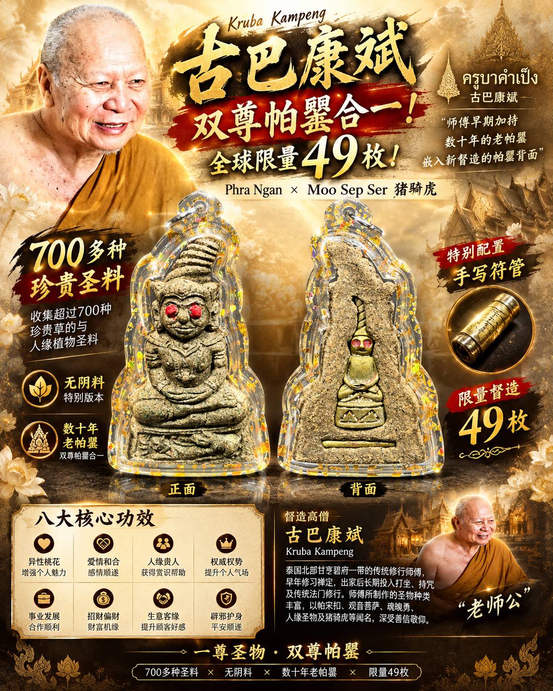 古巴康斌 Kruba Kampeng｜双尊帕罂 Phra Ngan × Moo Sep Ser 猪骑虎｜限量49枚·700多种传统圣料·无阴料特别版·背面嵌入数十年老帕罂·手写符管 | Jin Thai Fo Pai
